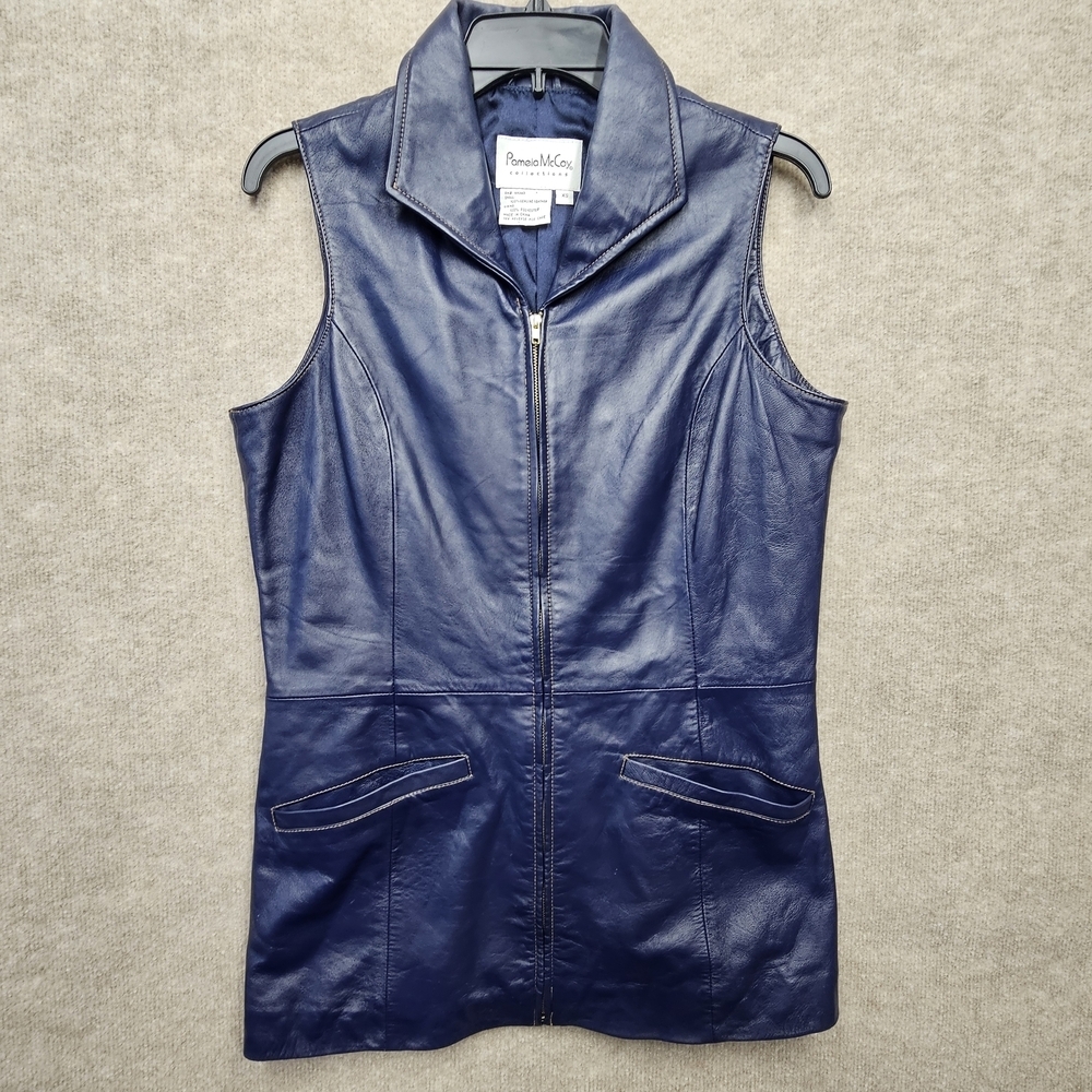 Vintage Pamela McCoy Genuine Leather Zip Vest Blue XS Soft Fitted Sleeveless